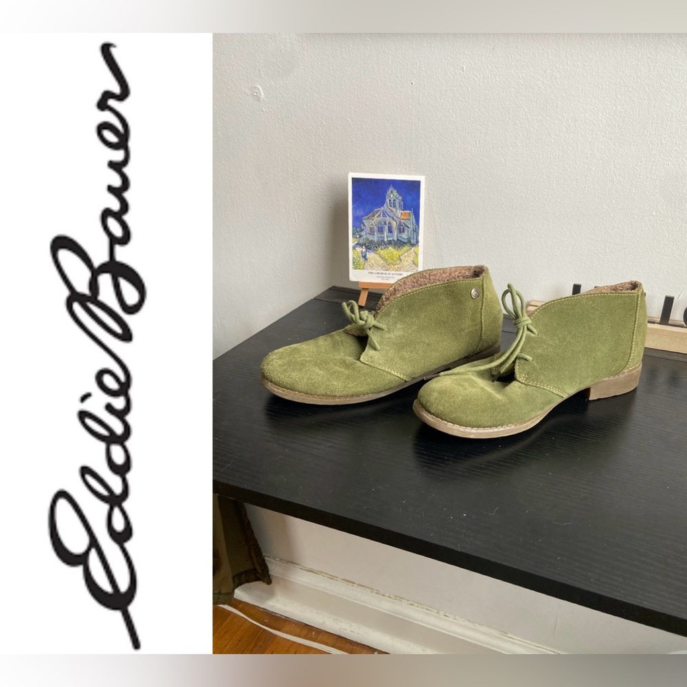 Eddie Bauer Valerie leather olive green Chukka Sherpa lined lace up ankle boot